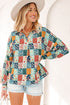Floral Print Collared V Neck Roll Up Sleeve Blouse