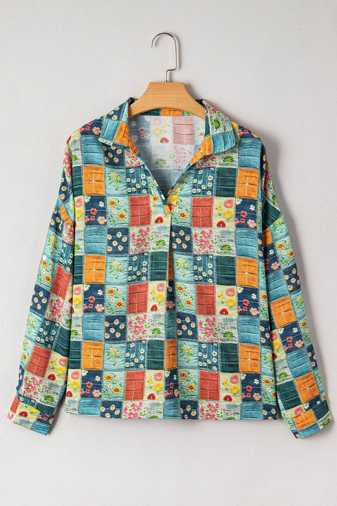 Floral Print Collared V Neck Roll Up Sleeve Blouse