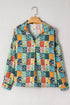 Floral Print Collared V Neck Roll Up Sleeve Blouse