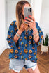 Floral Print Collared V Neck Roll Up Sleeve Blouse