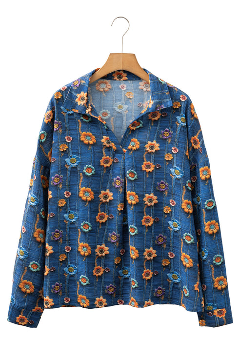 Floral Print Collared V Neck Roll Up Sleeve Blouse