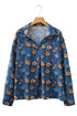Floral Print Collared V Neck Roll Up Sleeve Blouse