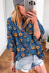 Floral Print Collared V Neck Roll Up Sleeve Blouse