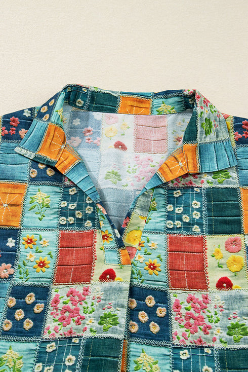 Floral Print Collared V Neck Roll Up Sleeve Blouse