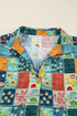 Floral Print Collared V Neck Roll Up Sleeve Blouse