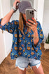 Floral Print Collared V Neck Roll Up Sleeve Blouse
