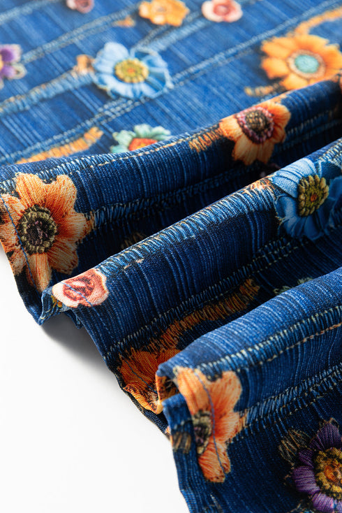 Floral Print Collared V Neck Roll Up Sleeve Blouse