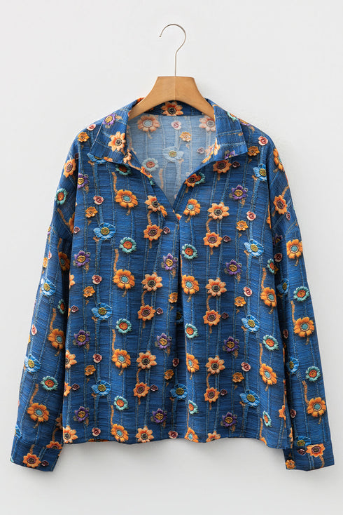 Floral Print Collared V Neck Roll Up Sleeve Blouse