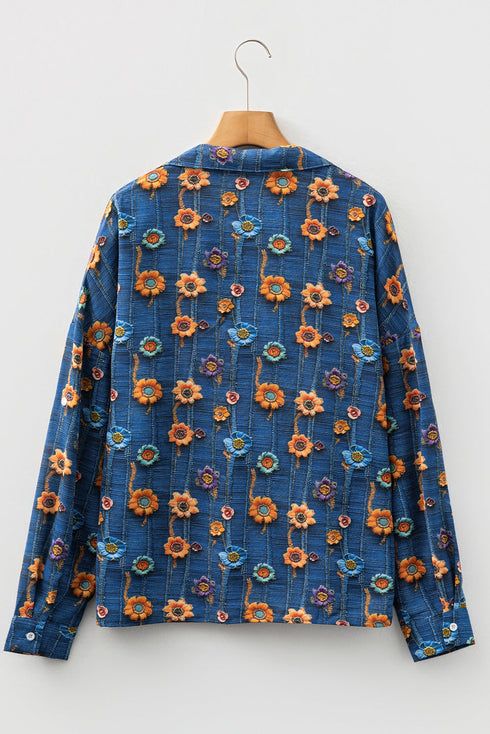 Floral Print Collared V Neck Roll Up Sleeve Blouse