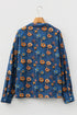 Floral Print Collared V Neck Roll Up Sleeve Blouse