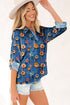 Floral Print Collared V Neck Roll Up Sleeve Blouse