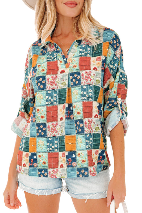 Floral Print Collared V Neck Roll Up Sleeve Blouse