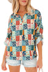 Floral Print Collared V Neck Roll Up Sleeve Blouse