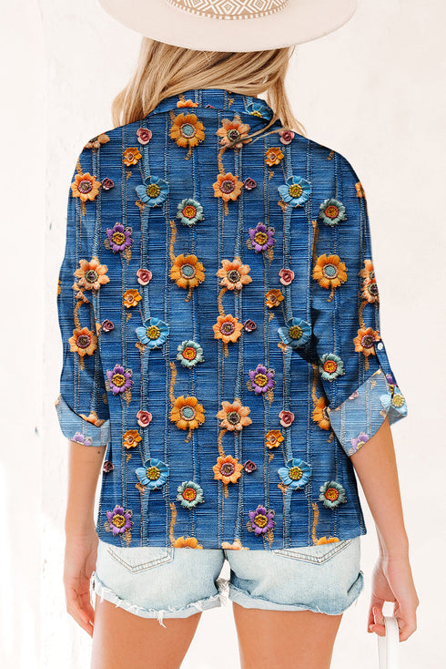 Floral Print Collared V Neck Roll Up Sleeve Blouse