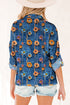 Floral Print Collared V Neck Roll Up Sleeve Blouse