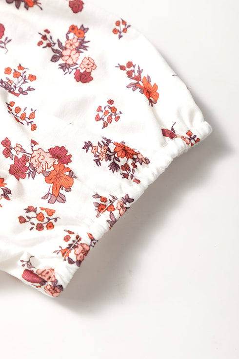 Floral Print Collared V Neck Ruched Drawstring Blouse