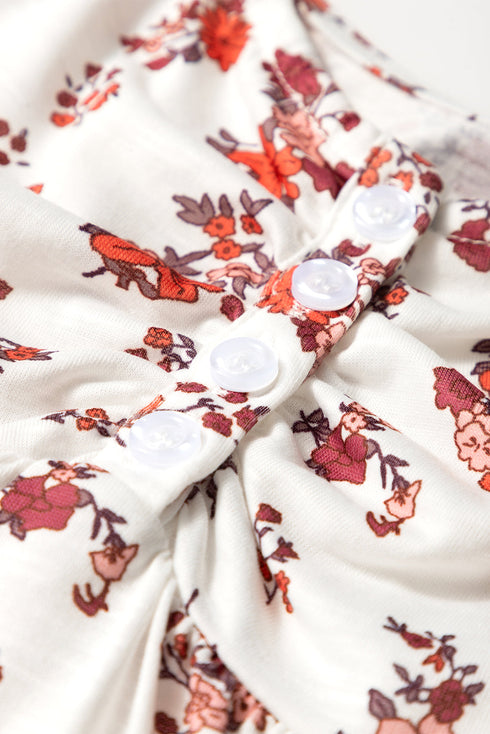 Floral Print Collared V Neck Ruched Drawstring Blouse