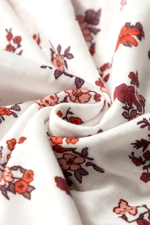 Floral Print Collared V Neck Ruched Drawstring Blouse