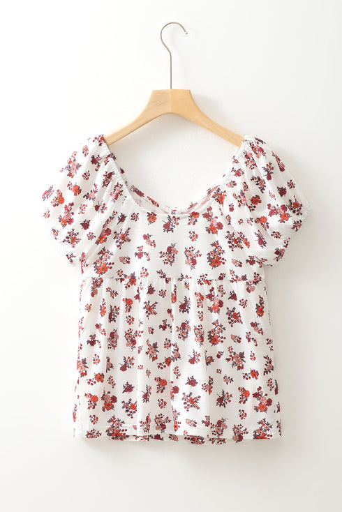 Floral Print Collared V Neck Ruched Drawstring Blouse