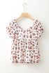 Floral Print Collared V Neck Ruched Drawstring Blouse