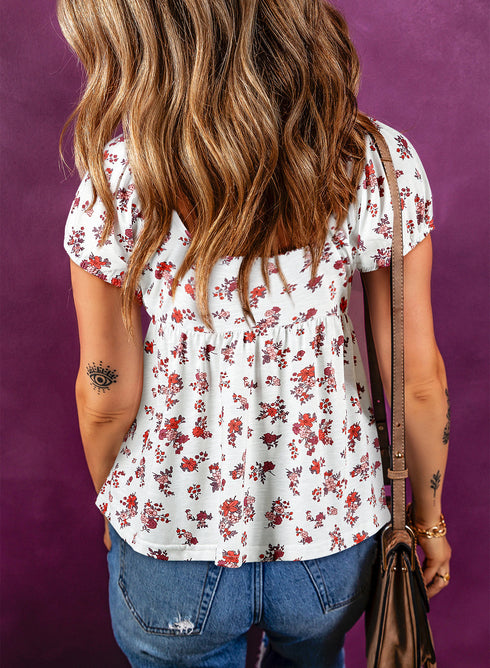 Floral Print Collared V Neck Ruched Drawstring Blouse