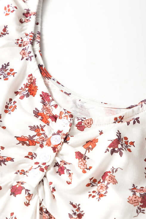 Floral Print Collared V Neck Ruched Drawstring Blouse