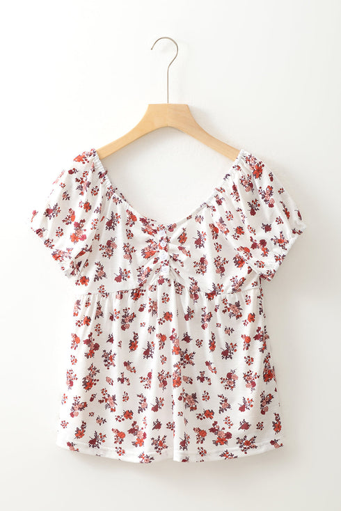 Floral Print Collared V Neck Ruched Drawstring Blouse