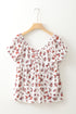 Floral Print Collared V Neck Ruched Drawstring Blouse