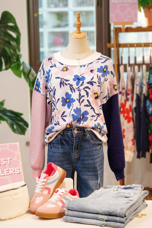 Floral Print Contrast Sleeve Relaxed Fit Pullover Sweater