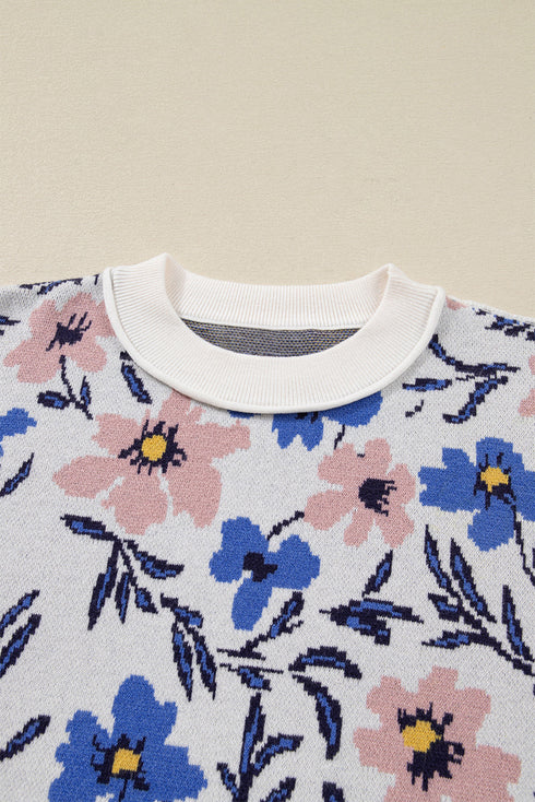 Floral Print Contrast Sleeve Relaxed Fit Pullover Sweater
