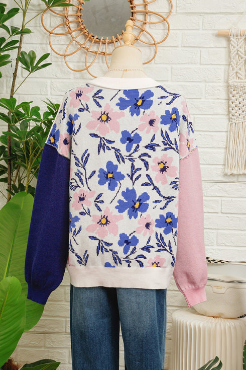 Floral Print Contrast Sleeve Relaxed Fit Pullover Sweater
