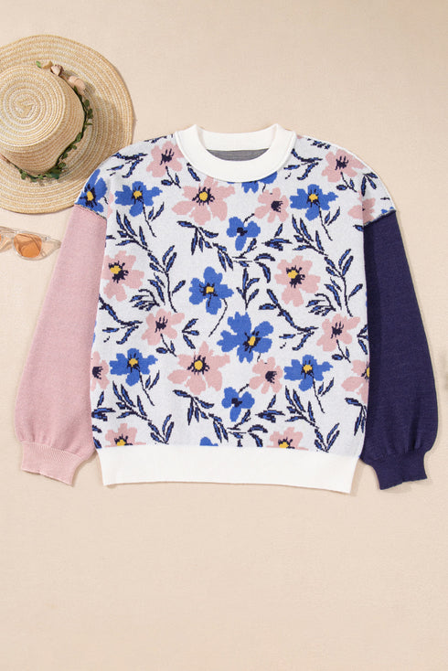 Floral Print Contrast Sleeve Relaxed Fit Pullover Sweater