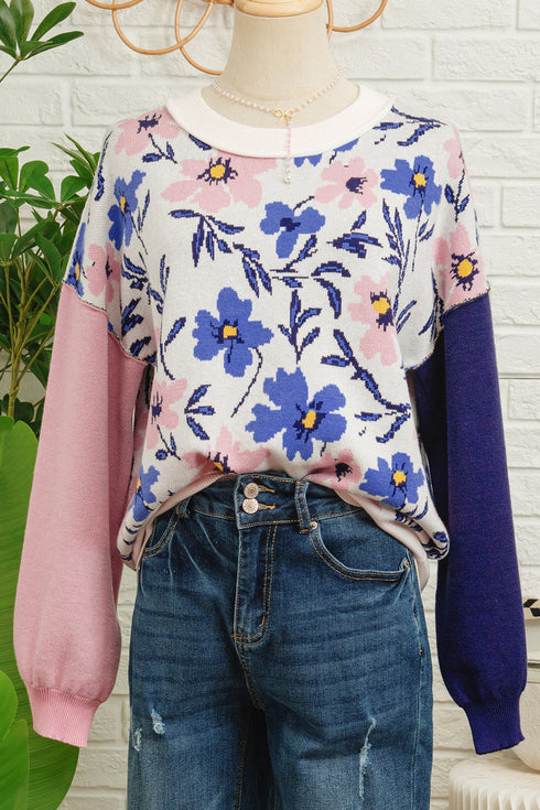 Floral Print Contrast Sleeve Relaxed Fit Pullover Sweater