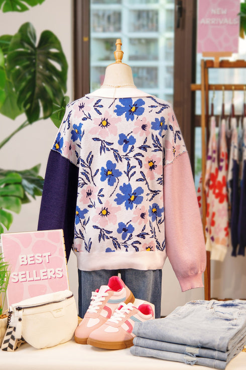 Floral Print Contrast Sleeve Relaxed Fit Pullover Sweater