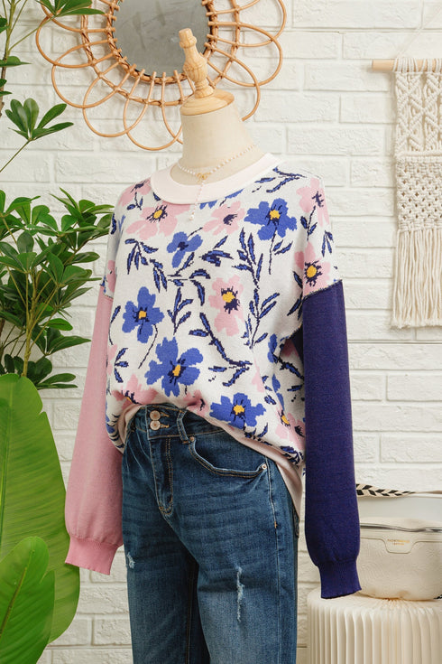 Floral Print Contrast Sleeve Relaxed Fit Pullover Sweater