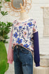 Floral Print Contrast Sleeve Relaxed Fit Pullover Sweater
