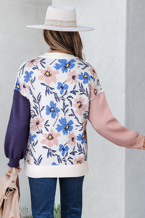 Floral Print Contrast Sleeve Relaxed Fit Pullover Sweater