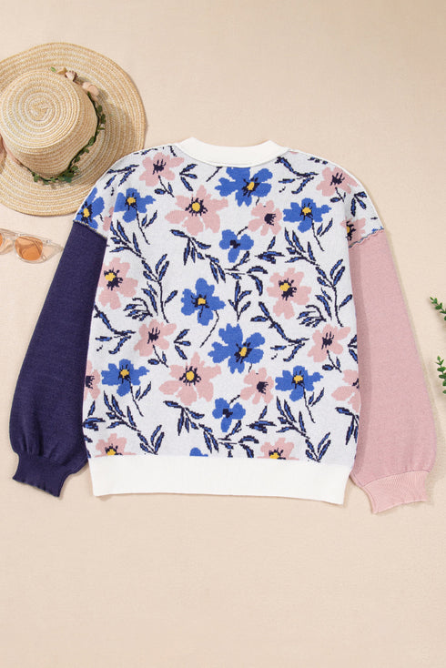 Floral Print Contrast Sleeve Relaxed Fit Pullover Sweater