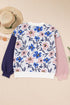 Floral Print Contrast Sleeve Relaxed Fit Pullover Sweater