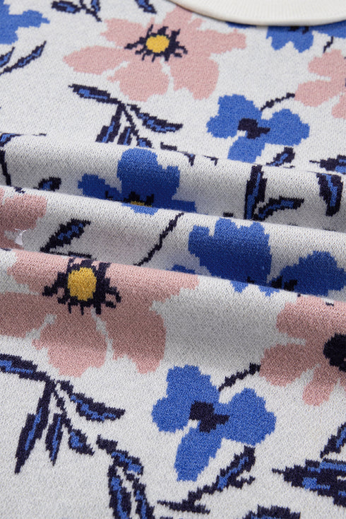 Floral Print Contrast Sleeve Relaxed Fit Pullover Sweater