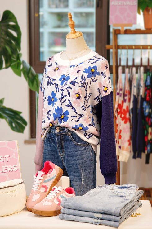 Floral Print Contrast Sleeve Relaxed Fit Pullover Sweater
