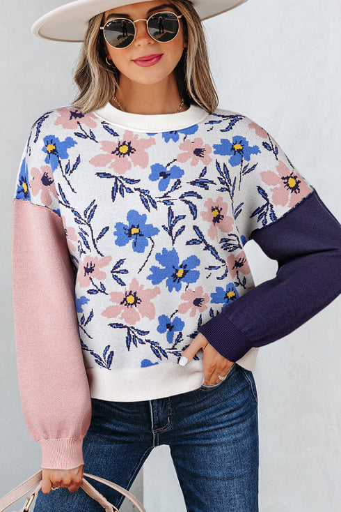 Floral Print Contrast Sleeve Relaxed Fit Pullover Sweater