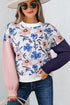 Floral Print Contrast Sleeve Relaxed Fit Pullover Sweater