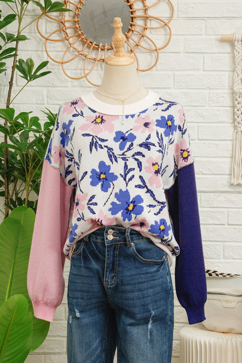 Floral Print Contrast Sleeve Relaxed Fit Pullover Sweater