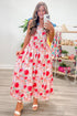 Floral Print Contrast Stitch High Waist Denim Strap Dress