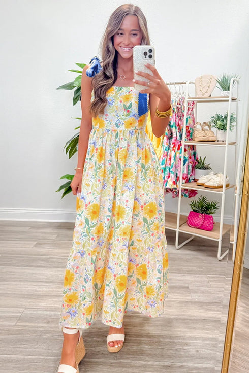Floral Print Contrast Stitch High Waist Denim Strap Dress