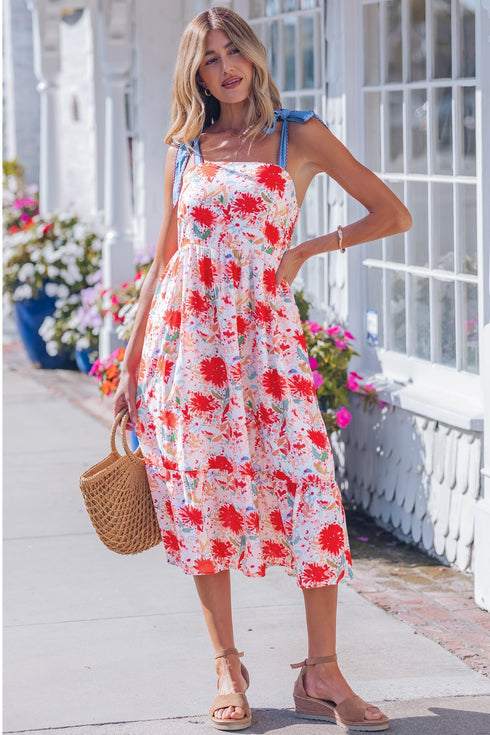 Floral Print Contrast Stitch High Waist Denim Strap Dress