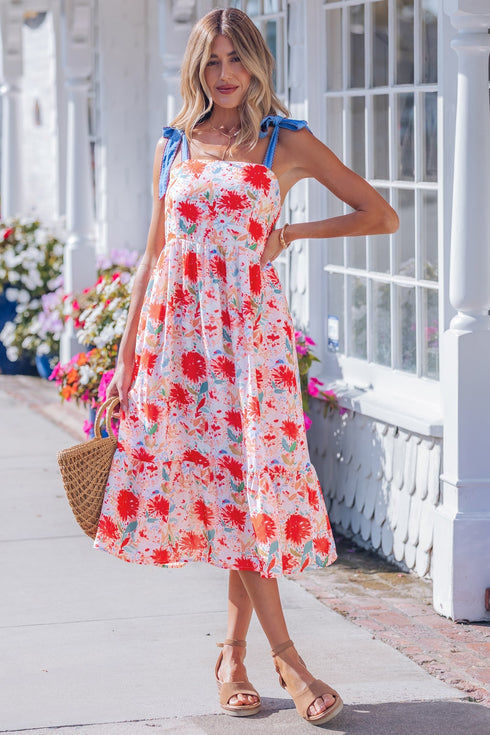 Floral Print Contrast Stitch High Waist Denim Strap Dress