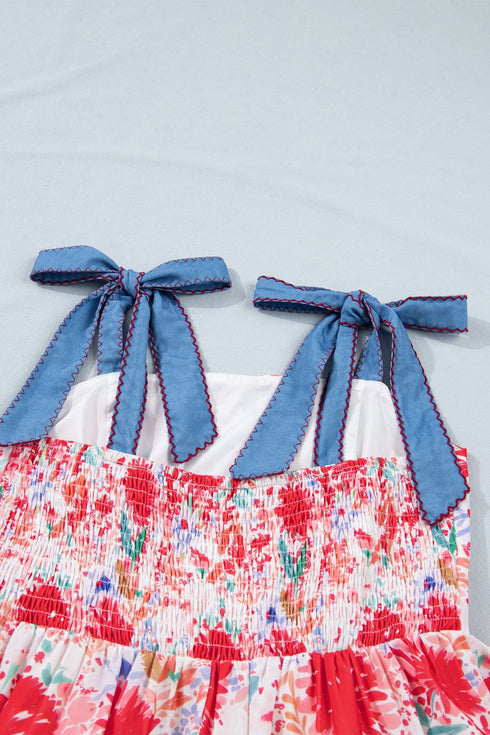 Floral Print Contrast Stitch High Waist Denim Strap Dress