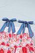 Floral Print Contrast Stitch High Waist Denim Strap Dress